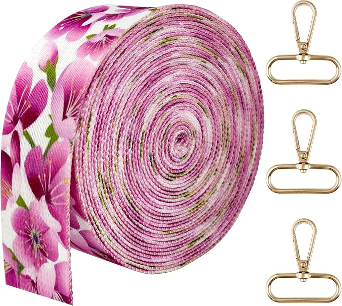 Printed Flower Nylon Webbing with Buckle 1 1/2 inch 6 Yards Pink Thick Patterned Fabric Webbing Luggage Handle Jacquard Ribbon for Backpack Bags-Seatbelt-Clothing-Sewing-DIY Crafts & Projects