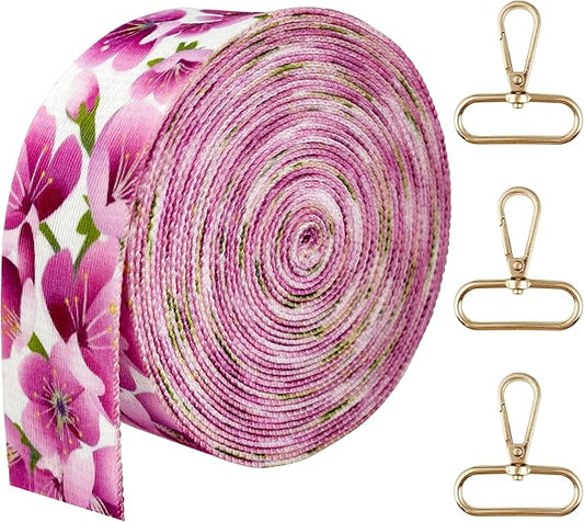 Printed Flower Nylon Webbing with Buckle 1 1/2 inch 6 Yards Pink Thick Patterned Fabric Webbing Luggage Handle Jacquard Ribbon for Backpack Bags-Seatbelt-Clothing-Sewing-DIY Crafts & Projects