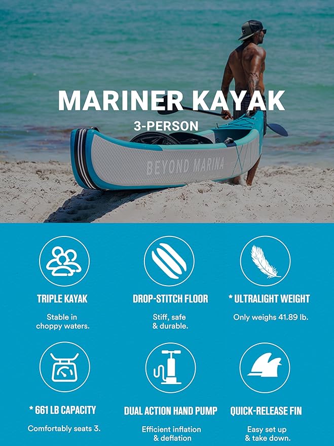 BEYOND MARINA Inflatable Kayak 1 & 2 & 3 Person Adult- Full Drop Stitch Kayak with Aluminum Paddles, Seats, Footrests, Pump, Fins