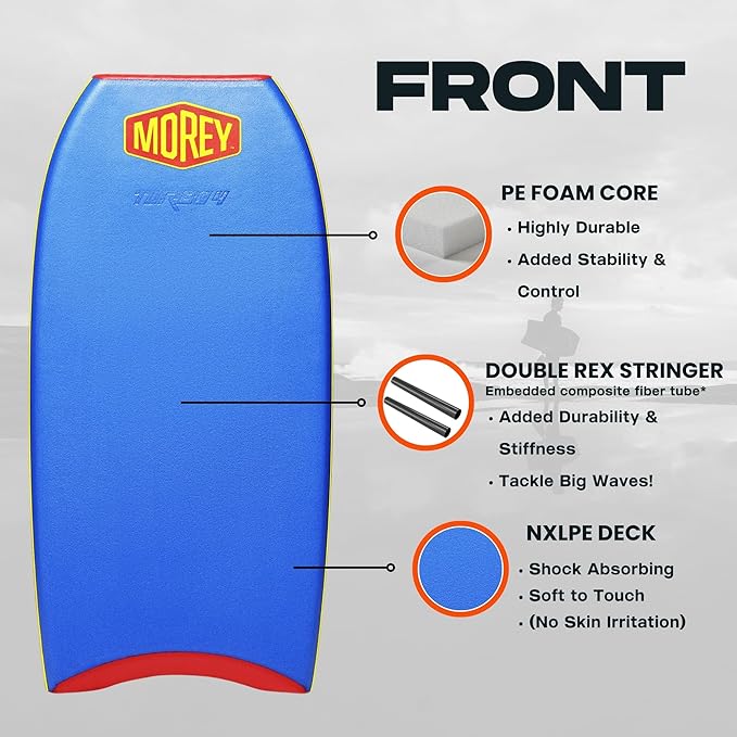 MOREY® Bodyboard Turbo 4 Classic. The Original Body Boards for Beach; Dual Stringer, PE Core, & HDPE for Slick Bottom (2025 Model)