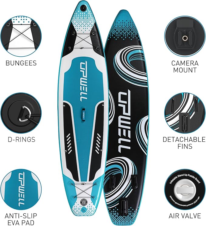 UPWELL 11’6”/11'2”/11'/10'8”/10'6”/10'2” Inflatable Stand Up Paddle Board with sup Accessories Including Backpack, Repairing Kits, Non-Slip Deck, Leash, 3 Fins, Paddle and Hand Pump
