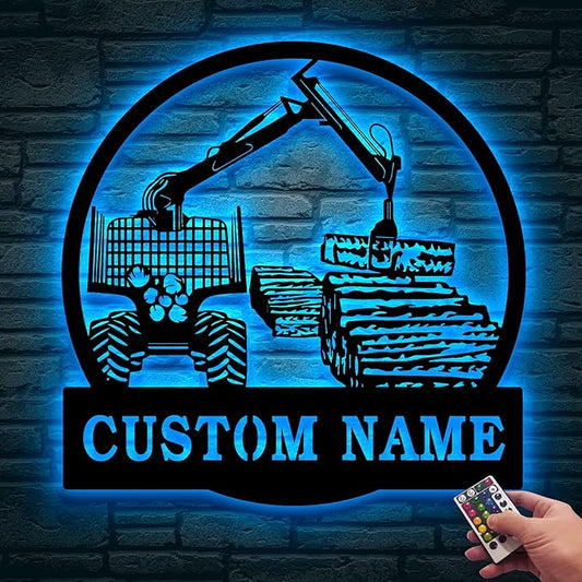 Personalized Logging Lumber Harvester Monogram Metal Sign Art LED Light, Custom Logging Lumber Metal Sign, Wall Art Hanging Home Decor Birthday Xmas Gift