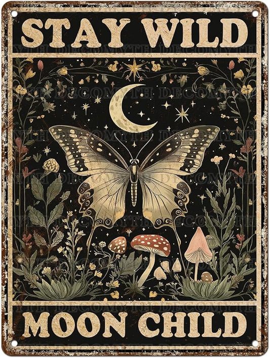 Vintage Tin Sign Butterfly Stay Wild Moon Tin Sign Retro Wall Decor for Home Office Room Wall Decor Poster 12 * 16inch