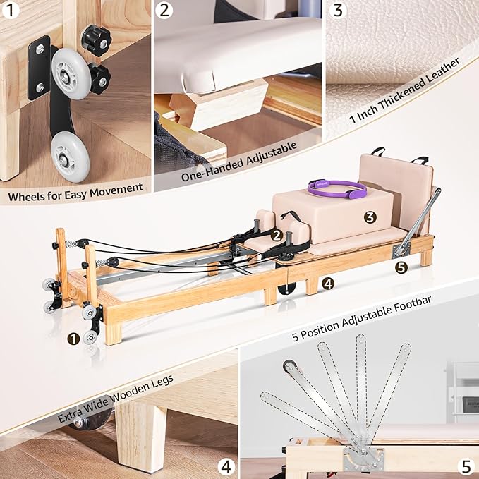 Pilates Reformer Machine, Quick-Assembly Studio Grade Pilates Equipment for Gym and Home, Oak Wood Pilates Reformer with Reformer Accessories