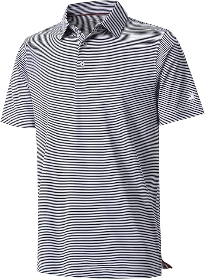 Mens Golf Shirt Moisture Wicking Dry Fit Performance Sport Short Sleeve Striped Golf Polo Shirts for Men