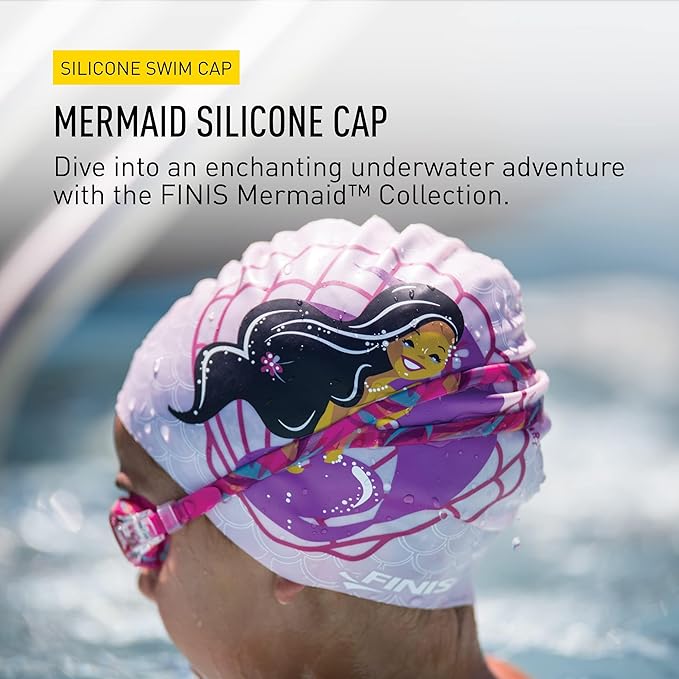 FINIS Mermaid Kids Swim Cap - 100% Silicone - Fun Prints - Universal Fit - Chlorine Protection