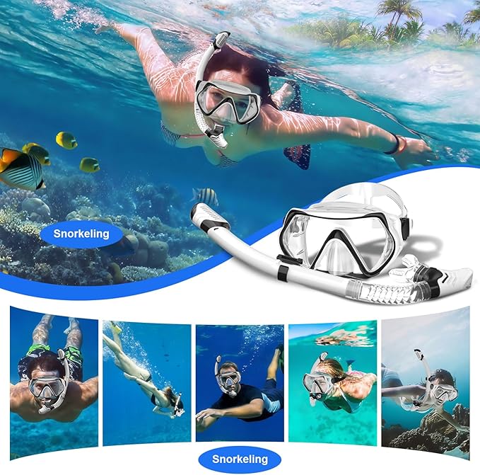 Snorkeling Gear, Dry Snorkel Set180° Panoramic Wide View,Anti-Fog Scuba Diving Mask, Professional Snorkeling Gear for Free Breathing, Swimming, Diving