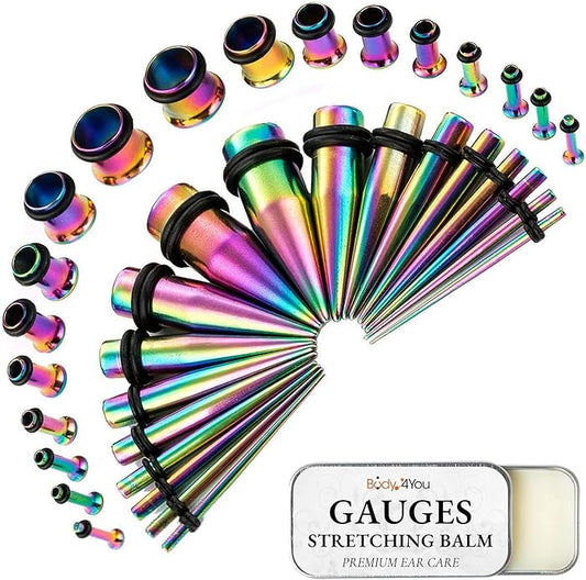 BodyJ4You 37PC Ear Stretching Kit - Beginner Gauges 14G-00G Starter Set - Aftercare Balm Wax - Steel Tapers Single Flare Plugs Screw Fit Tunnels - Women Eyelet Mens Earrings Expander Piercing Jewelry