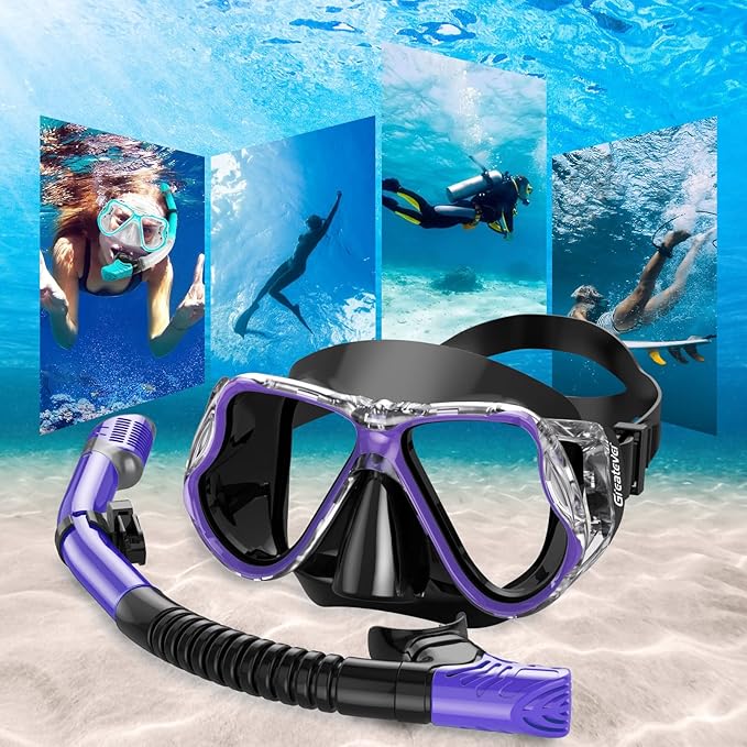 Greatever Dry Snorkel Set,Panoramic Wide View,Anti-Fog Scuba Diving Mask,Professional Snorkeling Gear