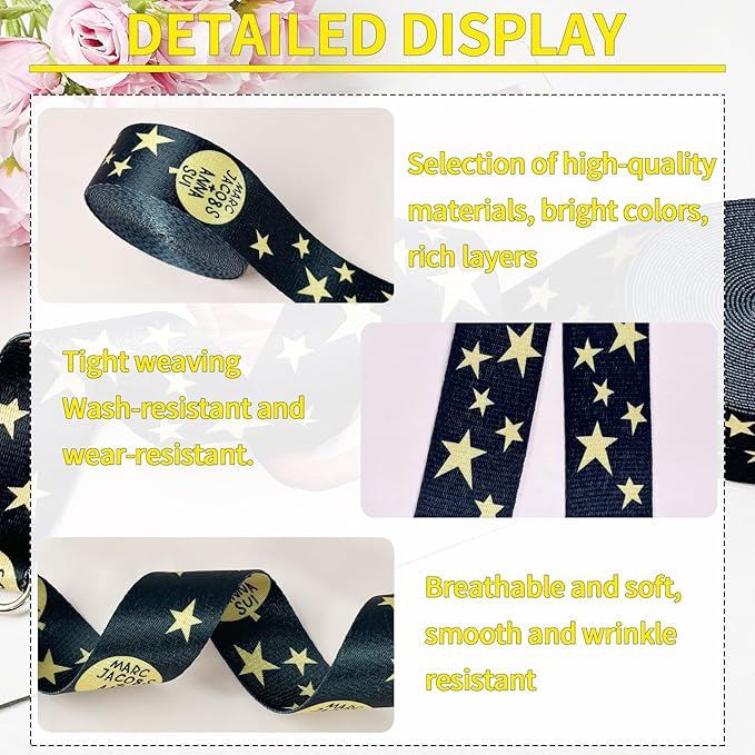 Printed Star Nylon Webbing 1 1/2 inch 6 Yards Heavy Duty Patterned Black Fabric Webbing Luggage Handle Jacquard Ribbon for Backpack Bags-Decorative Supplies-Clothing-Sewing-DIY Crafts & Projects