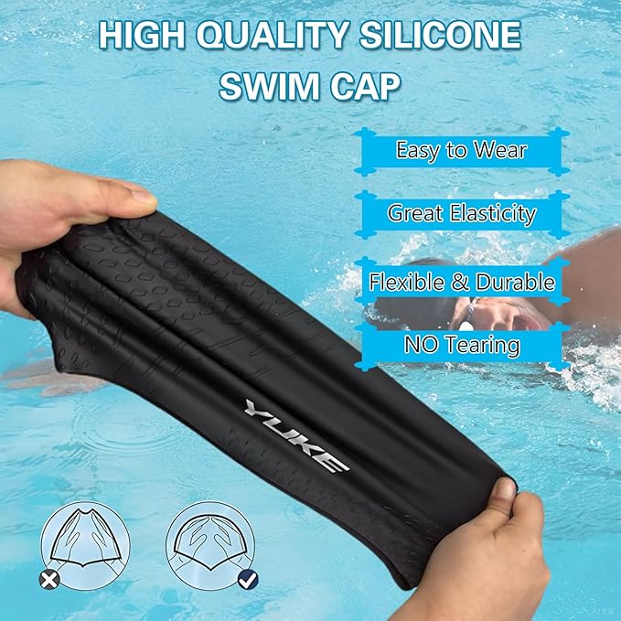 Silicone Swim Cap for Long Hair Adults Women Men, Waterproof Stretchy Swimming Caps, Durable Tear Resistant Bathing Cap