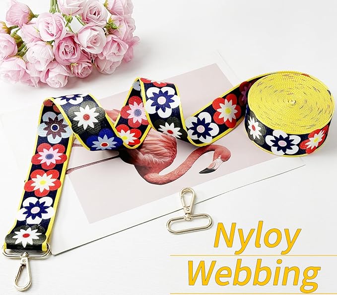 Printed Flower Nylon Webbing with Buckle 1 1/2 inch 6 Yards Black & Yellow Patterned Fabric Webbing Luggage Handle Jacquard Ribbon for Backpack Bags-Seatbelt-Clothing-Sewing-DIY Crafts & Projects
