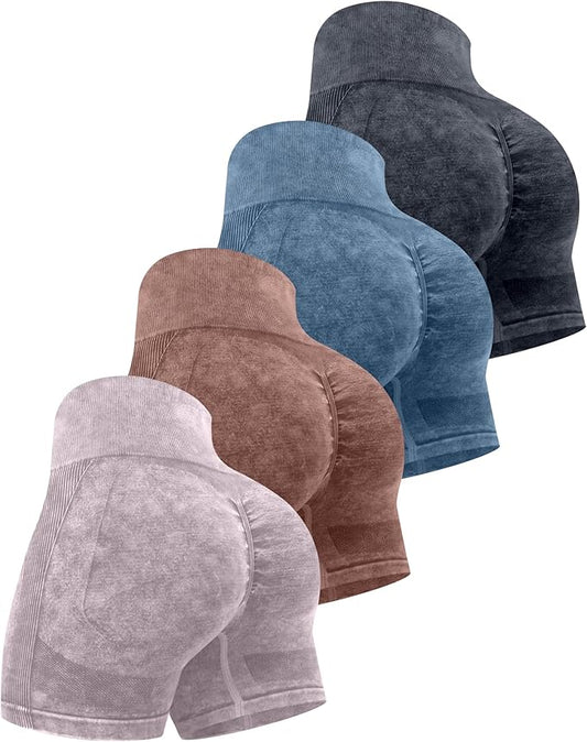 CHRLEISURE Women's 4 Packs Workout Gym Shorts, High Waisted Butt Lifting Scrunch Butt Seamless Booty Shorts