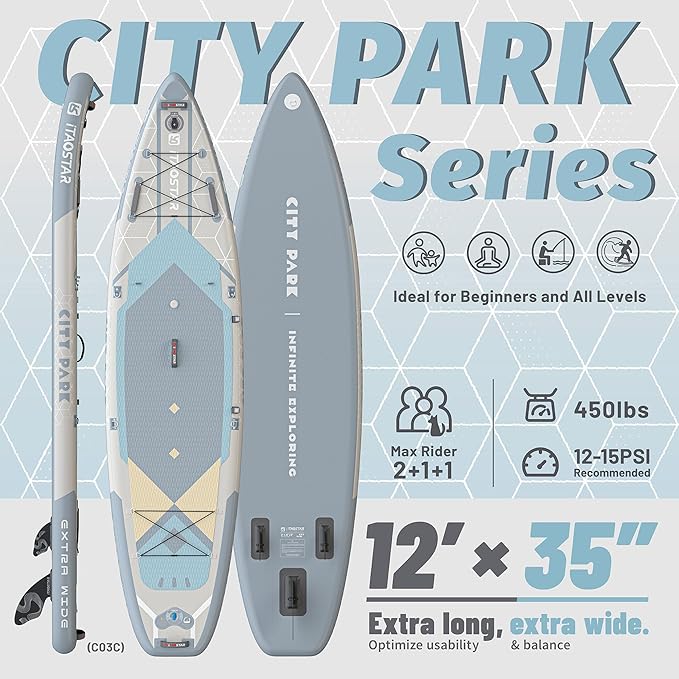 City Park 12'×35" Extra Wide Paddle Board with Seat, One-Stop Premium SUP Board Gears, Tailored 5 Fins, Stable Inflatable Stand Up Paddle Boards for Youth/Adults of All Levels