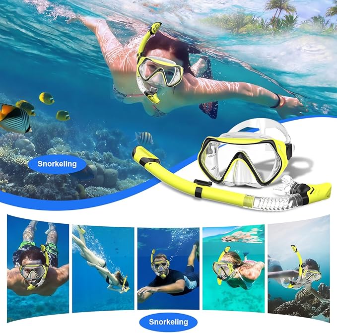 Snorkeling Gear, Dry Snorkel Set180° Panoramic Wide View,Anti-Fog Scuba Diving Mask, Professional Snorkeling Gear for Free Breathing, Swimming, Diving