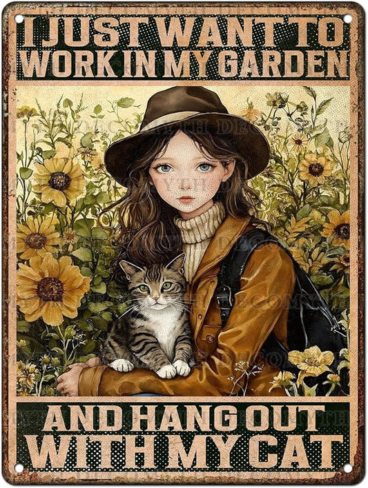 Cat Garden Vintage Tin Sign I Just Want To Work In My Garden and Hang Out With My Cat Retro Metal Tin Sign Sunflower Decor for Home Fence Porch Room Wall Decor Poster 12 * 16inch