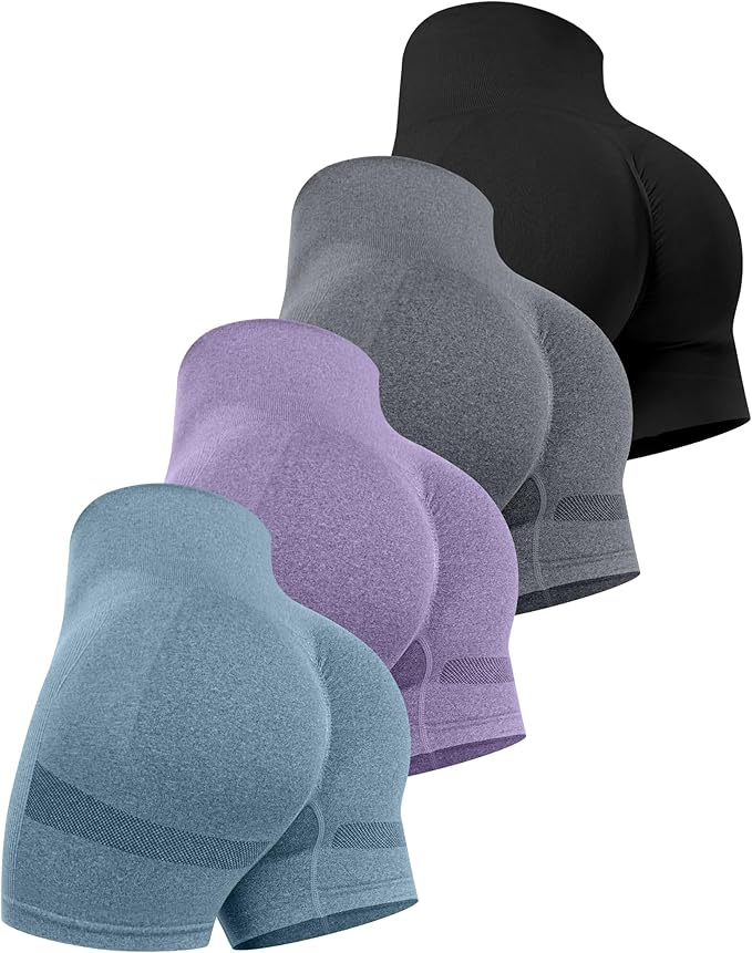 CHRLEISURE Women's 4 Packs Workout Gym Shorts, High Waisted Butt Lifting Scrunch Butt Seamless Booty Shorts