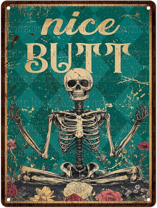 Skeleton Decor Tin Sign Retro Funny Skeleton Metal Sign for Bedroom Cafe Home Coffee Kitchen Bathroom Funny Wall Decor Art 12 * 16inch