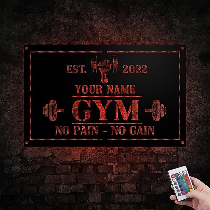 Personalized Home Gym LED Tin Metal Sign Multiple Sizes, Gym Sign Wall Decor, Exercise Workout Room Decor Fitness Center, Motivational Inspirational Hanging Wall Art Wall Plaque (01 w/lights)