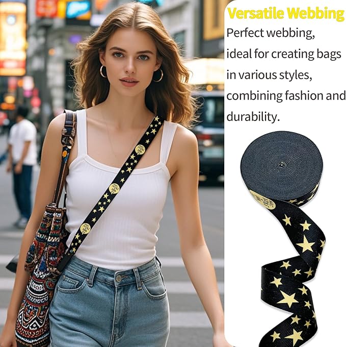 Printed Star Nylon Webbing 1 1/2 inch 6 Yards Heavy Duty Patterned Black Fabric Webbing Luggage Handle Jacquard Ribbon for Backpack Bags-Decorative Supplies-Clothing-Sewing-DIY Crafts & Projects