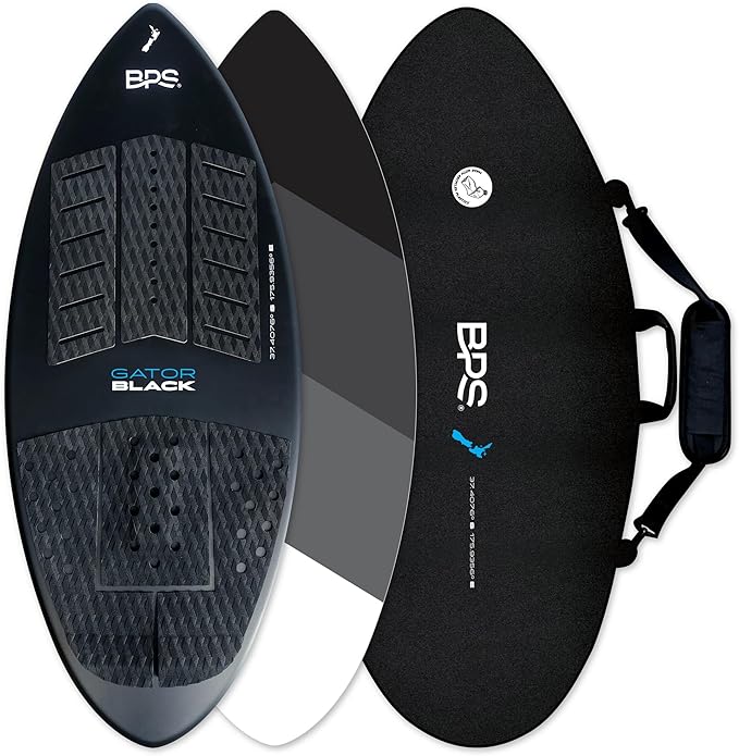 BPS New Zealand ‘Gator Black’ Fiberglass Skimboard with Padded Carry Bag Made from Recycled Plastics Performance Skimboard with Custom Traction Pads for Kids Adults Choose from 3 Sizes