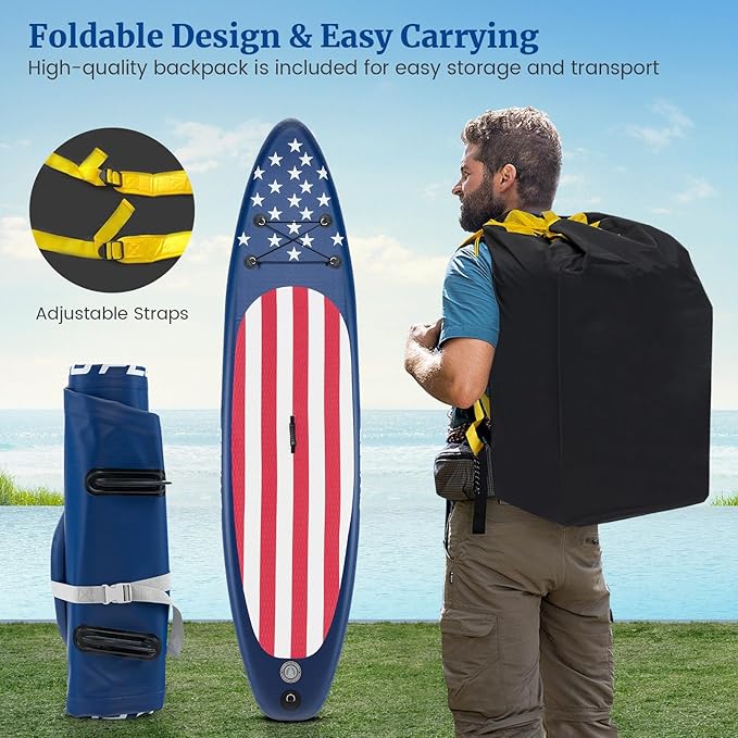 GYMAX Stand Up Paddle Board, Inflatable SUP with Wide Non-Slip EVA Deck, Accessories-Leash, D Rings, Hand Pump, Adjustable Paddle & Backpack, Paddle Boards for Adults Youth