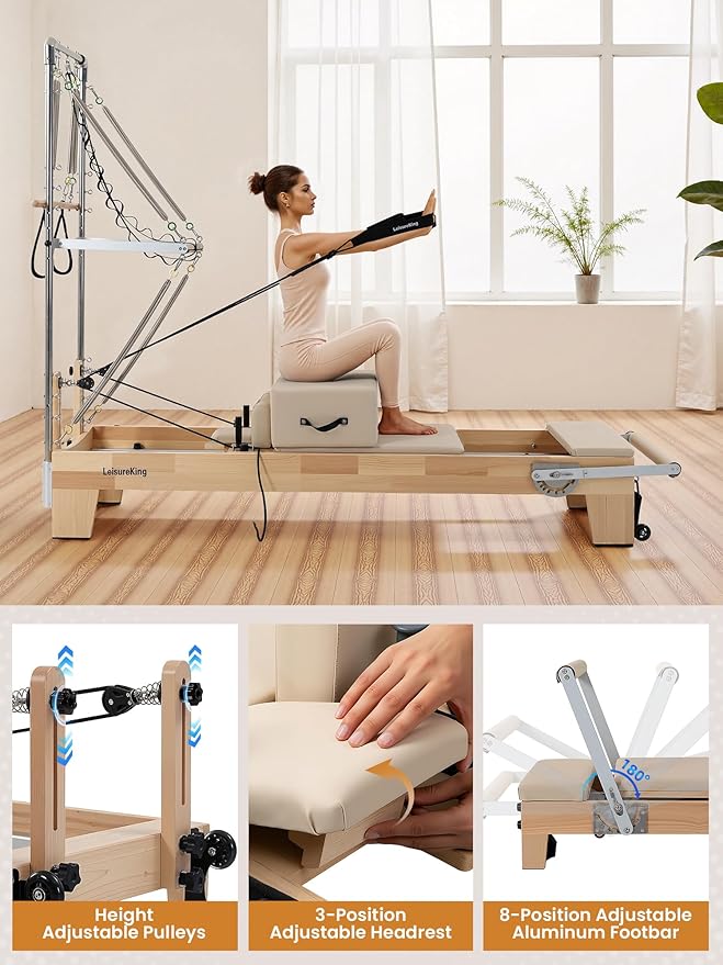Pilates Reformer Machine, Quick-Assembly Studio Grade Pilates Equipment for Gym and Home, Oak Wood Pilates Reformer with Reformer Accessories