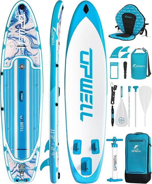 UPWELL 11’6”/11'2”/11'/10'8”/10'6”/10'2” Inflatable Stand Up Paddle Board with sup Accessories Including Backpack, Repairing Kits, Non-Slip Deck, Leash, 3 Fins, Paddle and Hand Pump