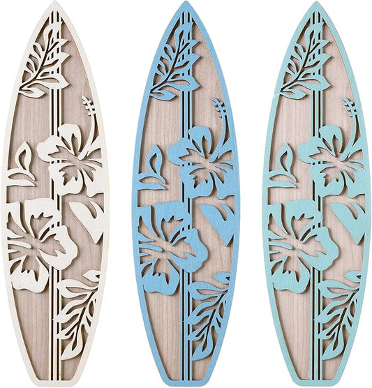 RattanView 3 Pieces Hibiscus Surfboard Decor for Bedroom Wooden Beach Wall Decor Summer Wood Surfboard Wall Hanging Sign for Tropical Living Room Decoration (Blue)