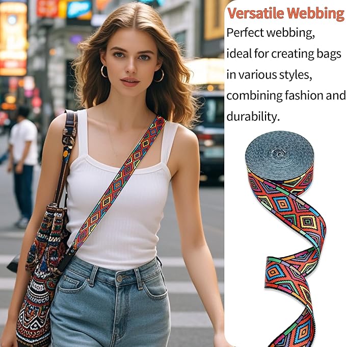 Printed Nylon Webbing 1 1/2 inch 6 Yards Colorful Squares Thick Patterned Fabric Webbing Luggage Handle Jacquard Ribbon for Backpack Bags-Seatbelt-Clothing-Sewing-DIY Crafts & Projects Supplies