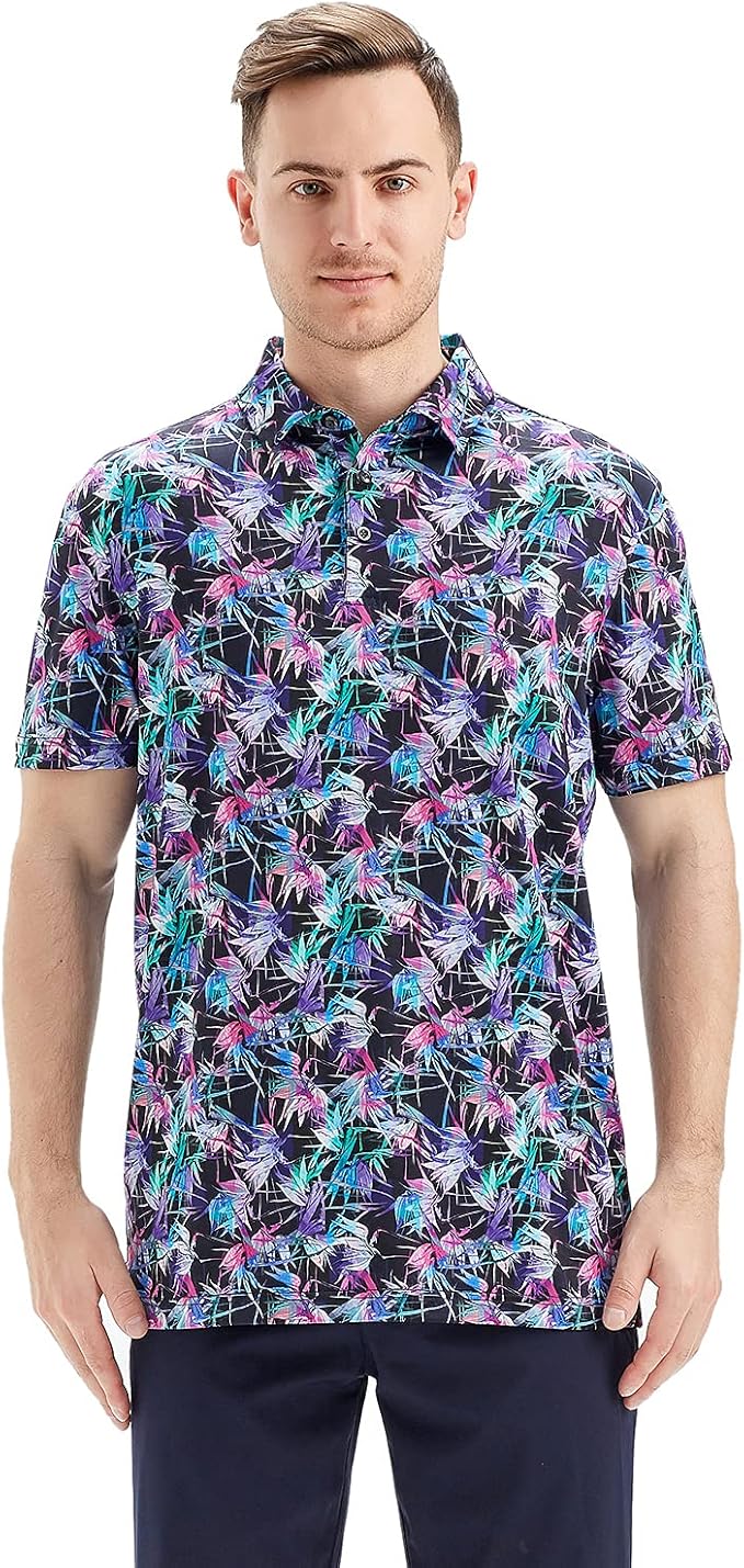 Men's Golf Polo Shirts Short Sleeve Striped Performance Moisture Wicking Dry Fit Golf Shirts for Men