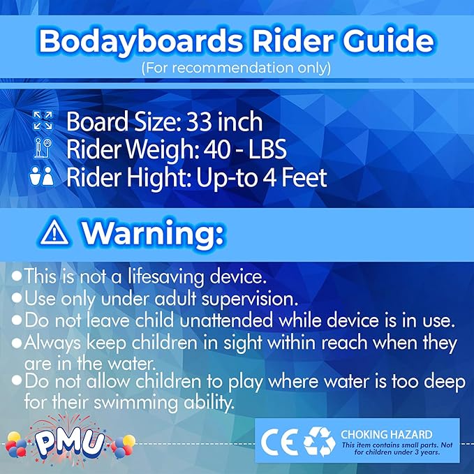 PMU 33 Inch Blue Bodyboard - Lightweight Wrist Leash, Slick Bottom Boards for Beach, Sea & Pool - Surfing Board for Kids, Teens & Adults Wave Conditions Pkg/1