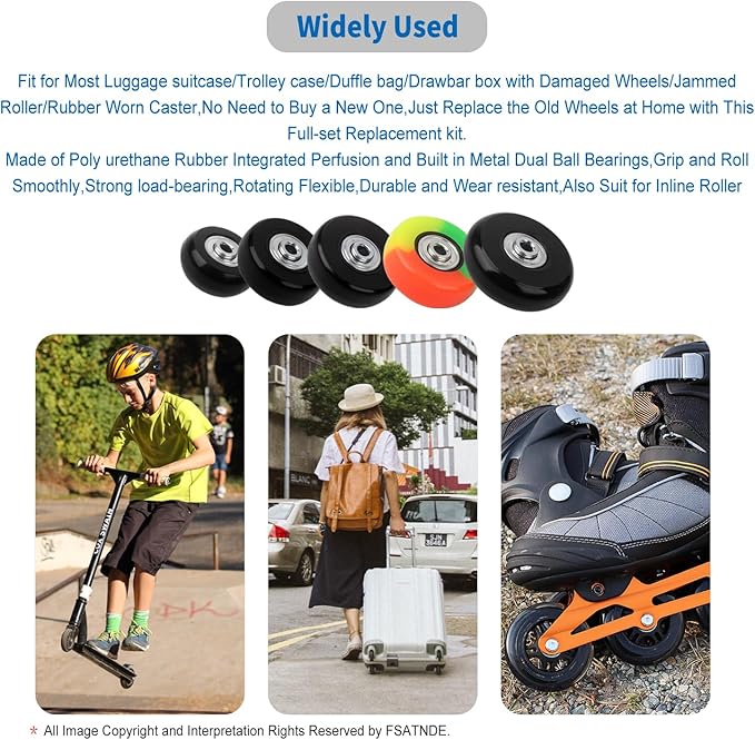 Luggage Suitcase Replacement Wheels Set of 4 PU Bearing Wheels-Install Width 0.8in/21mm with 3 Size Axles and Hacksaw for Trolley Bag Drawbar Box Smooth Rolling Repair(40mm x 18mm)