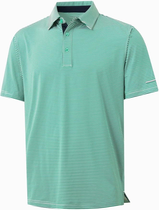 Golf Shirts for Men - Moisture Wicking Short Sleeve Performance Sport Casual Striped Collared Mens Polo Shirt