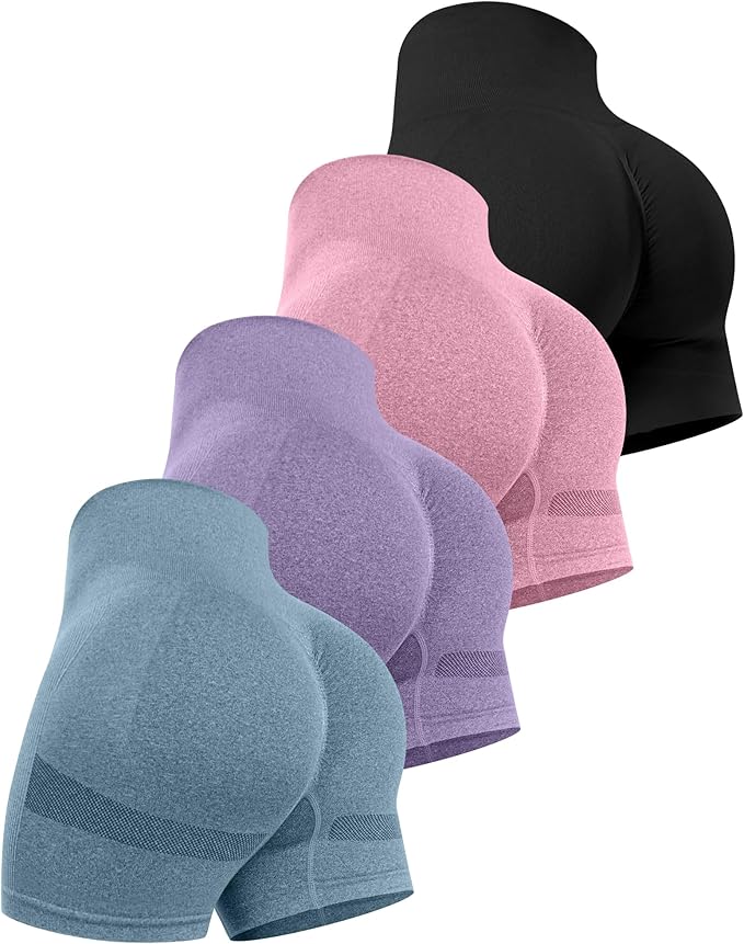 CHRLEISURE Women's 4 Packs Workout Gym Shorts, High Waisted Butt Lifting Scrunch Butt Seamless Booty Shorts