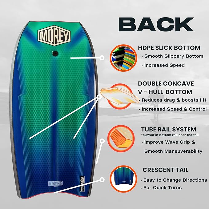 MOREY® Mach 12 MDS, 42.5" Bodyboard. Dynamic Speed Body Boards for Beach, for All Skill Levels, Embedded Fiberglass Stringer, with Coil Leash. Re-Engineered 2025 Model