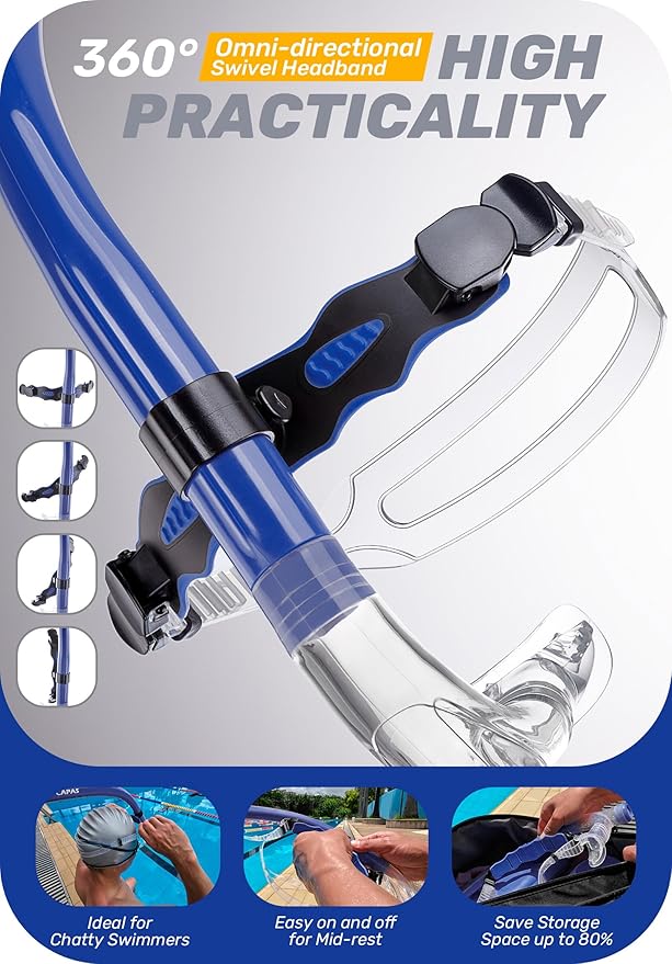 CAPAS Training Swim Snorkel for Lap Swimming, Swivel Headband Ultimate Fit Center-Mount Swimmers Snorkel with Liquid Silicone Mouthpiece Adjustable Strap, Designed for Adult Men Women