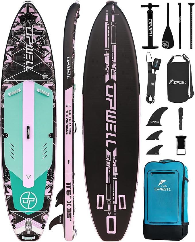 UPWELL 11'6"×35" Extra Wide Inflatable Paddle Board, Stand Up Paddle Board for Youth & Adults, Stable Design, Premium SUP Accessories, 120L Backpack, 10L Dry Bag, Paddle, Leash, Hand Pump, US Fins