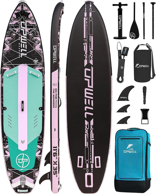 UPWELL 11'6"×35" Extra Wide Inflatable Paddle Board, Stand Up Paddle Board for Youth & Adults, Stable Design, Premium SUP Accessories, 120L Backpack, 10L Dry Bag, Paddle, Leash, Hand Pump, US Fins