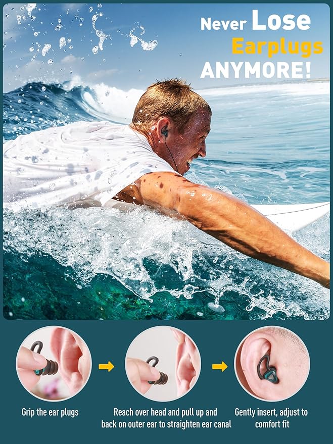 Ear Plugs for Swimming Surfing with String, Block Out Water Let Sound in, Reusable Comfy Custom-fit Swimmer Earplugs for Snorkeling, Shower, Pool, Swim, Bath, Kayaking, Other Water Activities