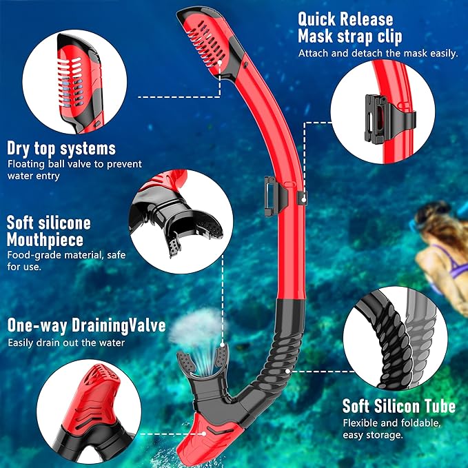 Snorkeling Gear, Dry Snorkel Set180° Panoramic Wide View,Anti-Fog Scuba Diving Mask, Professional Snorkeling Gear for Free Breathing, Swimming, Diving
