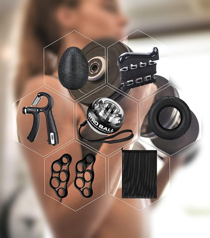 Hand Grip Strengthener Workout Kit (8 Pack) Forearm Grip Adjustable Resistance Hand Gripper, Finger Stretcher, Finger Exerciser, Grip Ring，Gyro Ball
