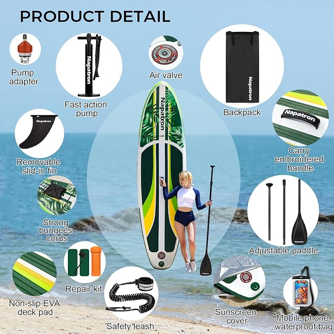 Napatron Family Inflatable Stand Up Paddle Board, Sup,Stable Wide Design,350LBS Capacity,Complete Paddle Board Package with Fast Action Pump,Leash,Ideal for Beginners/Youth & AllSkill Levels