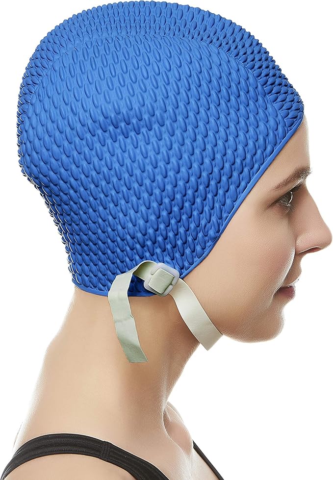 Beemo Swim Cap Women Chin Strap Bubble Crepe Latex Long Short Hair Swimming Caps