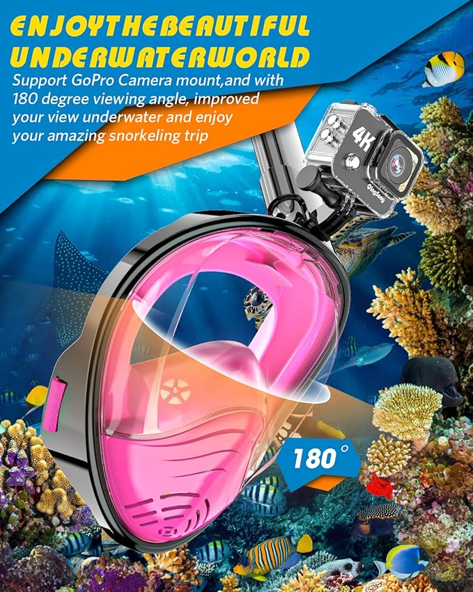 QingSong Full Face Snorkel Mask for Adults, Snorkeling Gear with Camera Mount, 180 Degree Panoramic View Snorkel Set Anti-Fog Anti-Leak