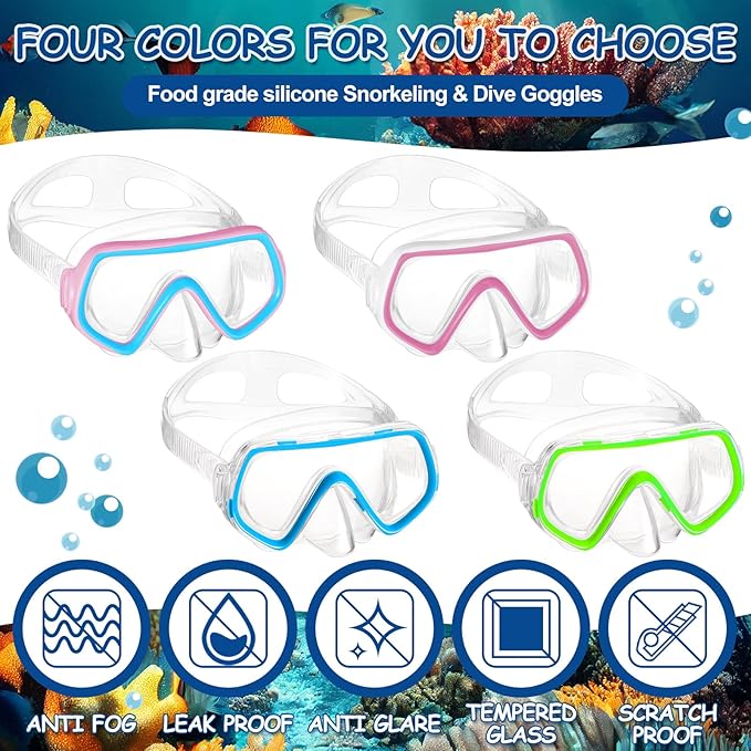 Hoolerry 4 Pcs Kids Nose Goggles Swim Goggles with Nose Cover for 3-8 Tempered Glass Snorkel Dive Mask Anti Fog with Elastic Strap No Leak Swimming Mask for Summer Diving Snorkeling