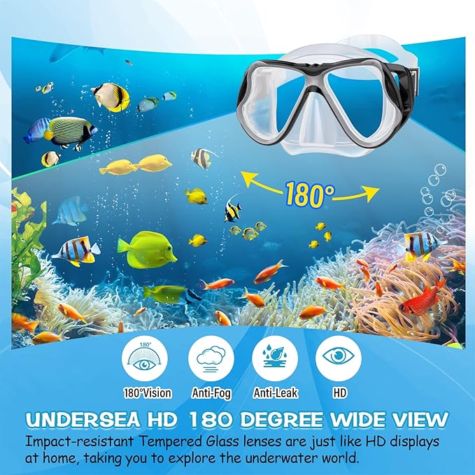 Greatever Dry Snorkel Set,Panoramic Wide View,Anti-Fog Scuba Diving Mask,Professional Snorkeling Gear