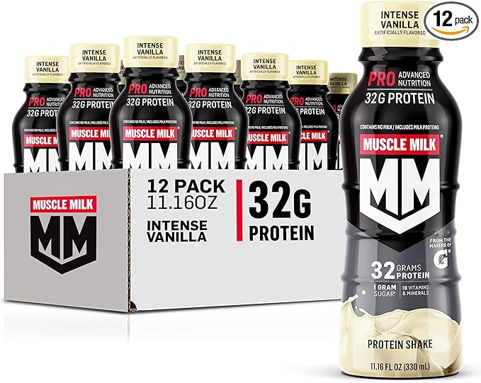 Muscle Milk Pro Advanced Nutrition Protein Shake, Intense Vanilla, 11.16 Fl Oz (Pack of 12), 32g Protein, 1g Sugar, 16 Vitamins & Minerals, 5g Fiber, Workout Recovery, Energizing Snack, Packaging May Vary