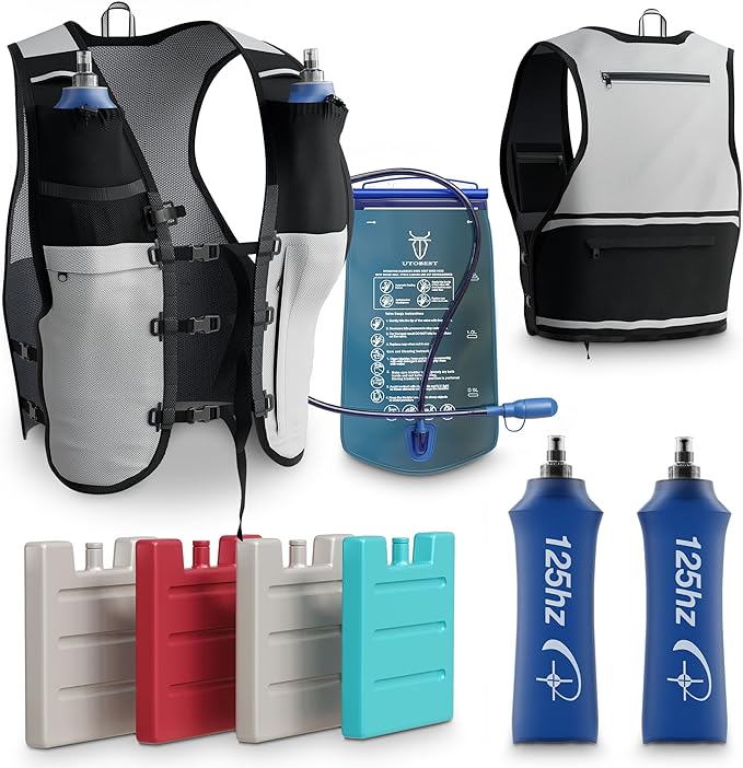 TakaFiTrail Running Hydration Vest Men - Breathable Trail Running Hydration Vest w/ 2 Water Bottles, Bladder Pouch, Ice Pack for Runners - Reflective Marathon Gear Jogging Backpack for Hiking