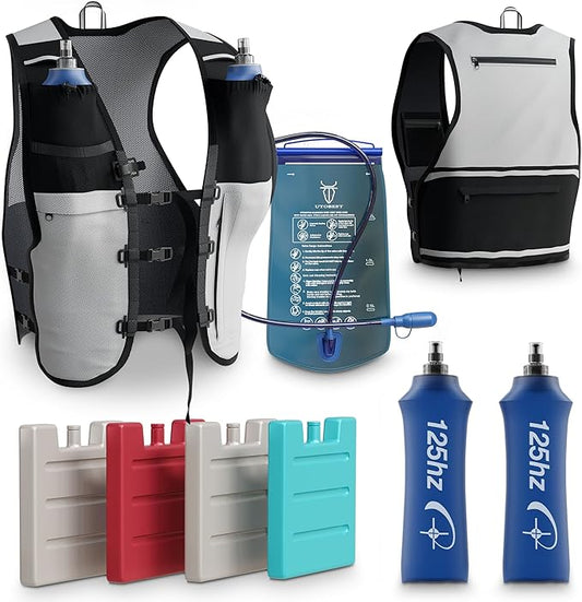 TakaFiTrail Running Hydration Vest Men - Breathable Trail Running Hydration Vest w/ 2 Water Bottles, Bladder Pouch, Ice Pack for Runners - Reflective Marathon Gear Jogging Backpack for Hiking